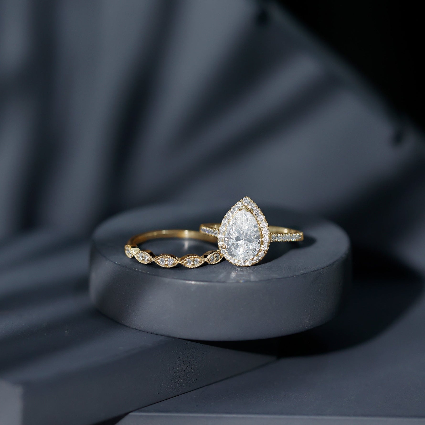 Designer Zircon Teardrop Wedding Ring with Enhancer Band