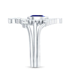 Created Blue Sapphire and Moissanite Art Deco Wedding Ring Set in Gold