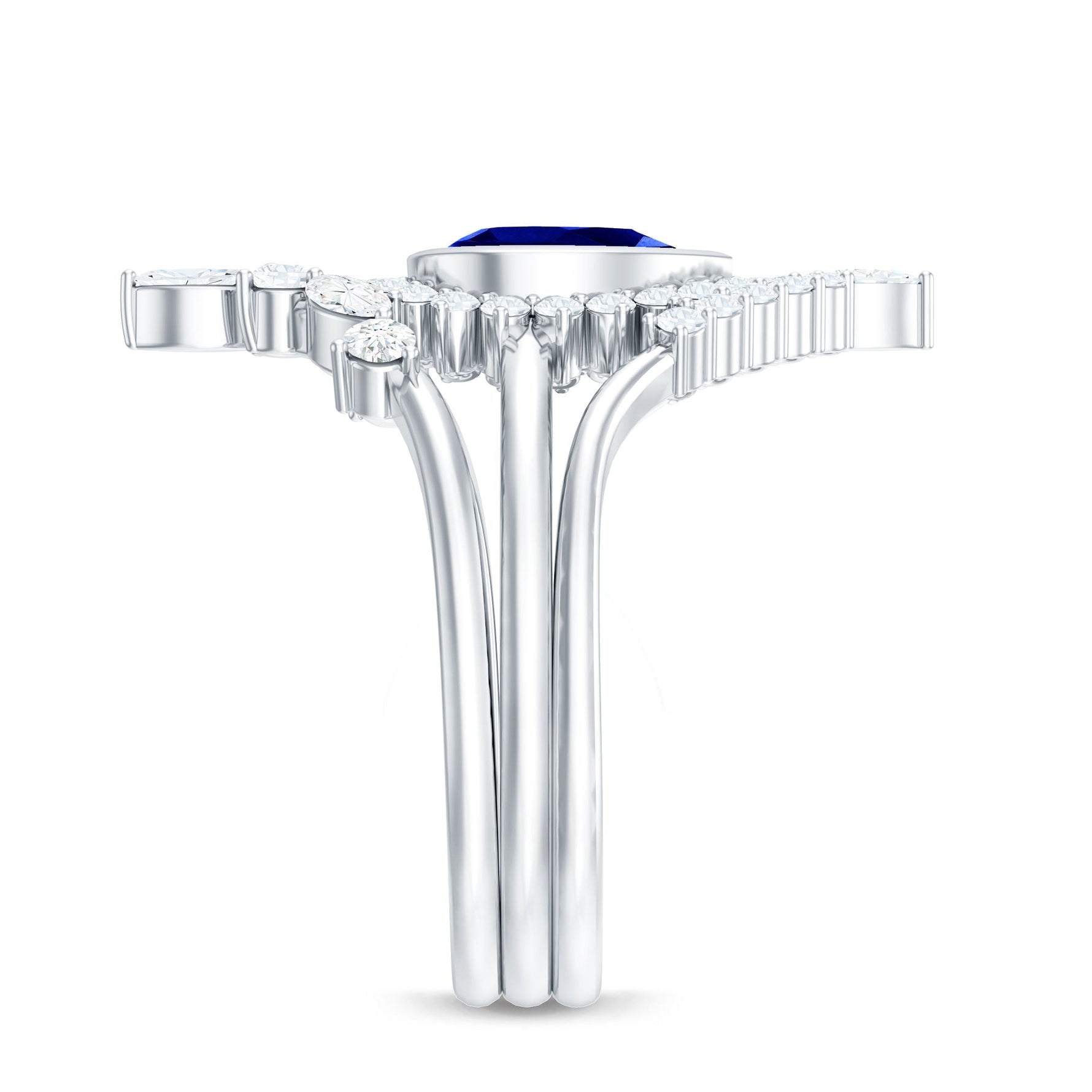 Created Blue Sapphire and Moissanite Art Deco Wedding Ring Set in Gold