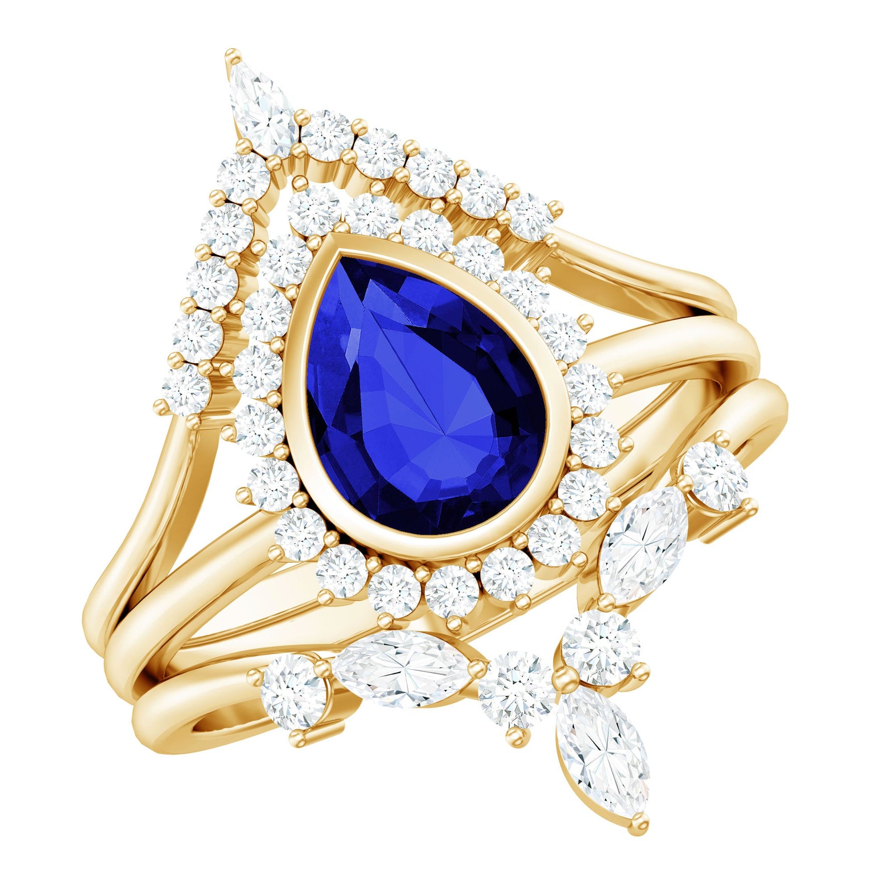 Created Blue Sapphire and Moissanite Art Deco Wedding Ring Set in Gold