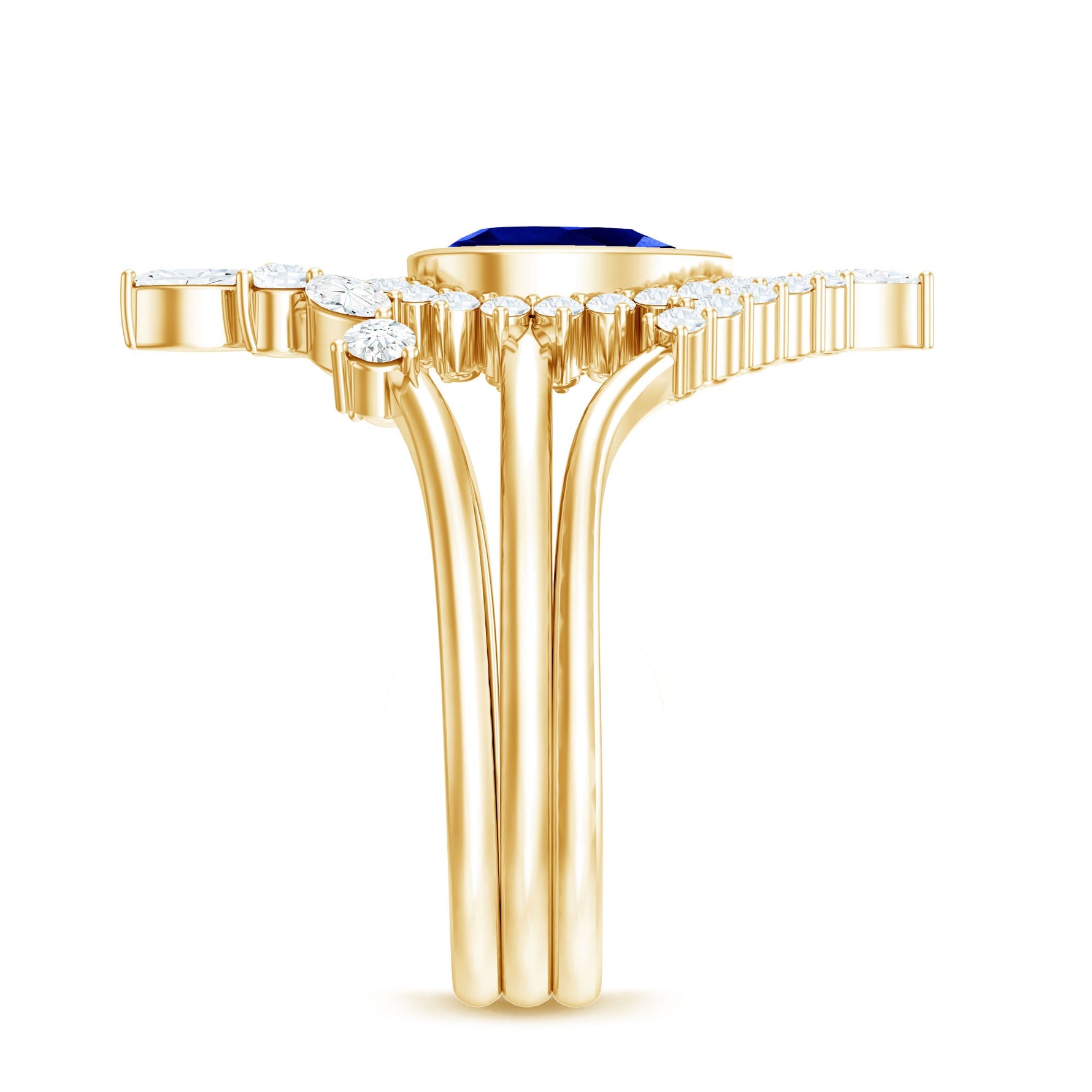 Created Blue Sapphire and Moissanite Art Deco Wedding Ring Set in Gold