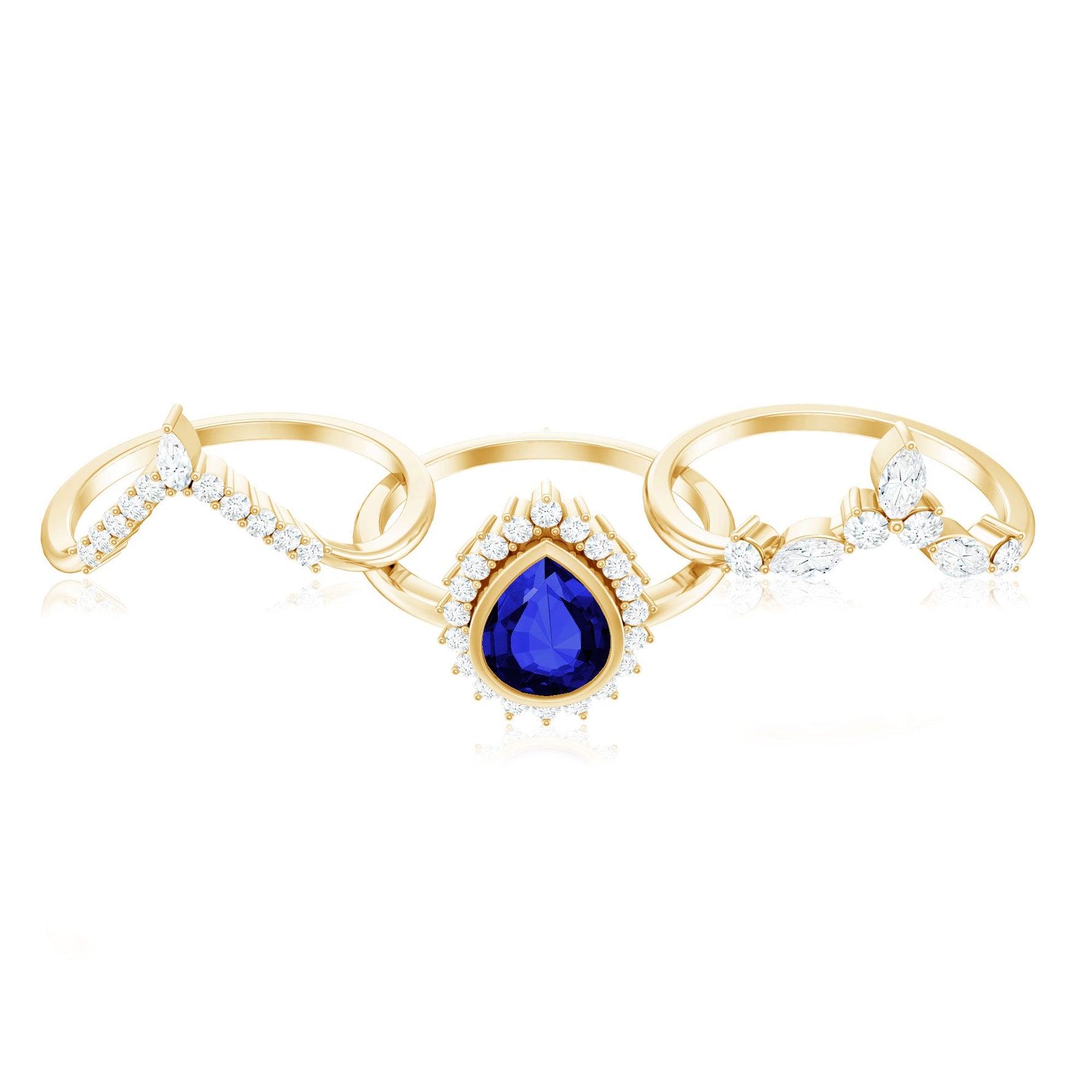 Created Blue Sapphire and Moissanite Art Deco Wedding Ring Set in Gold