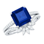 Asscher Cut Created Blue Sapphire Solitaire Wedding Ring Set with Diamond Accent