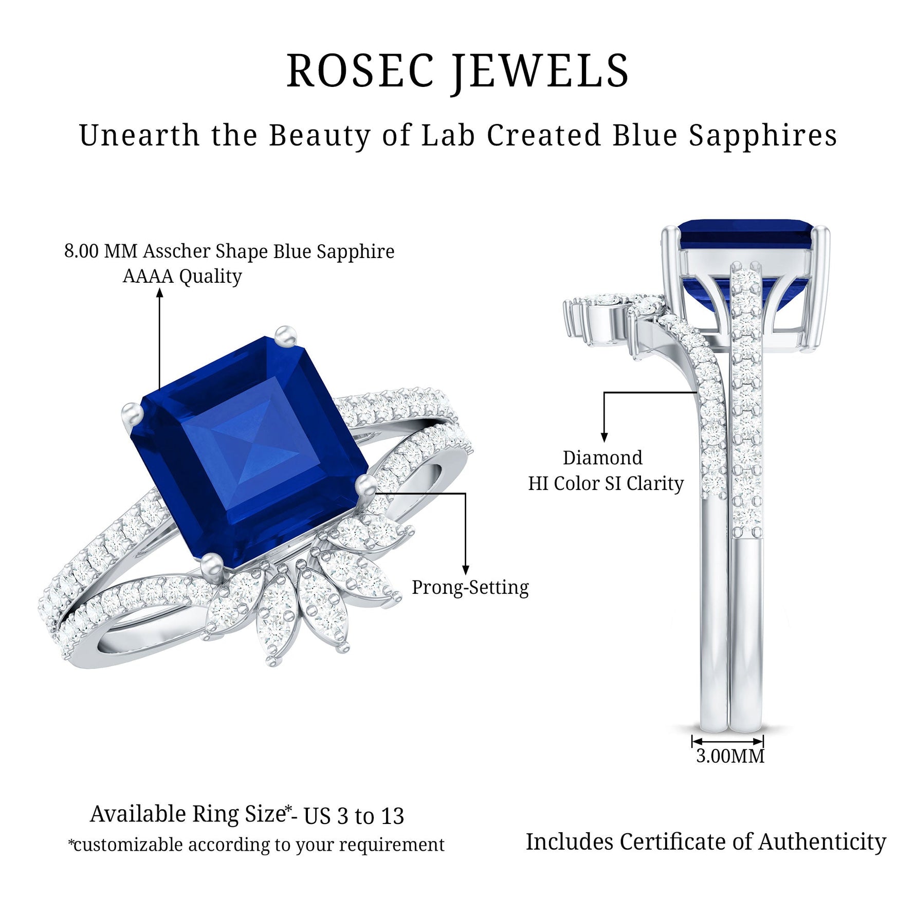 Asscher Cut Created Blue Sapphire Solitaire Wedding Ring Set with Diamond Accent