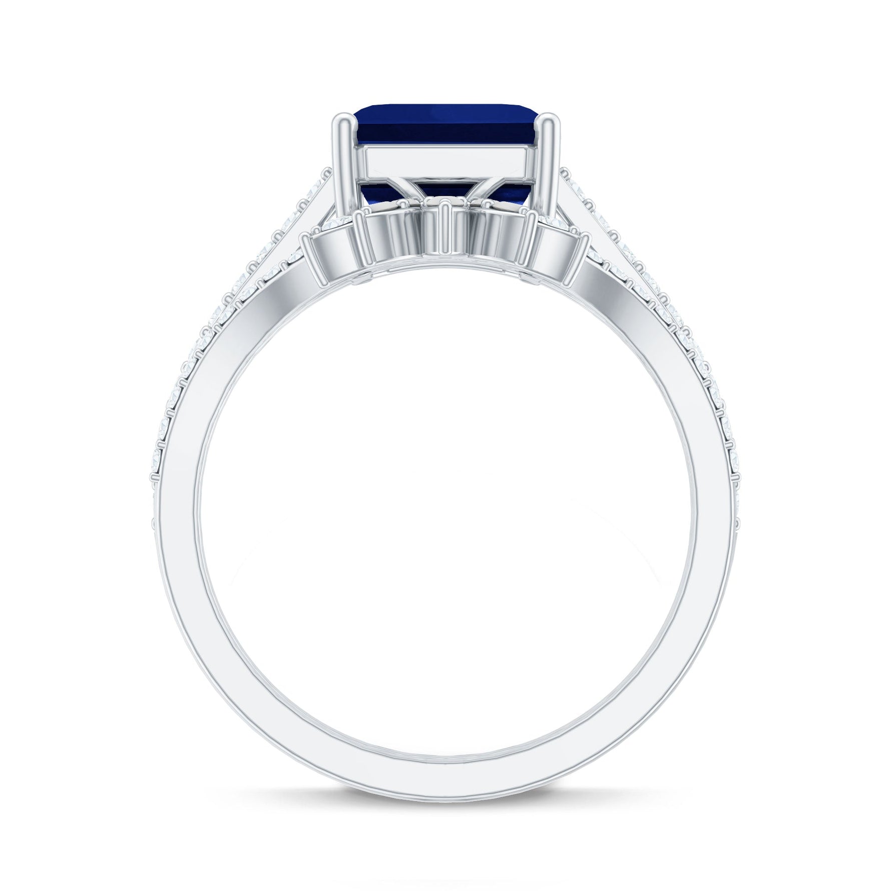Asscher Cut Created Blue Sapphire Solitaire Wedding Ring Set with Diamond Accent