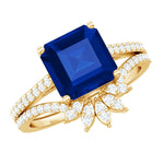 Asscher Cut Created Blue Sapphire Solitaire Wedding Ring Set with Diamond Accent