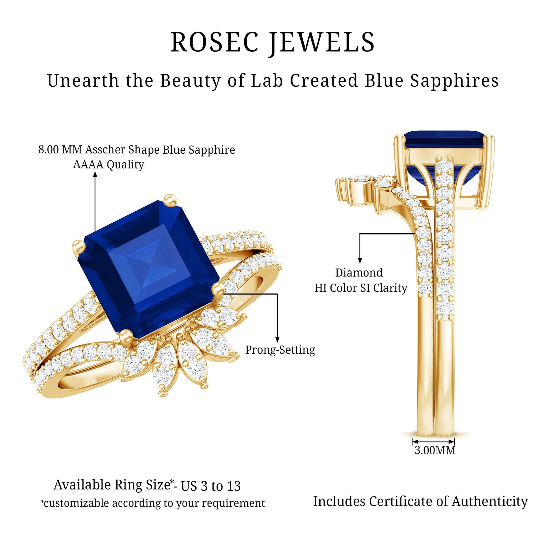Asscher Cut Created Blue Sapphire Solitaire Wedding Ring Set with Diamond Accent