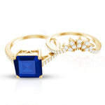 Asscher Cut Created Blue Sapphire Solitaire Wedding Ring Set with Diamond Accent