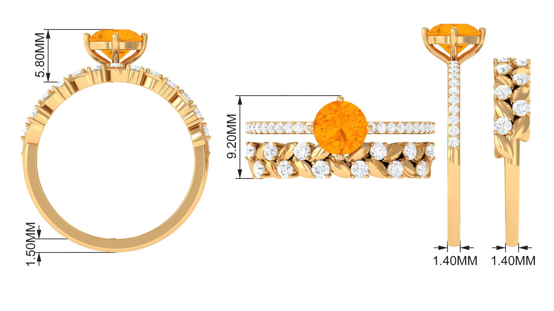 1.75 CT Fire Opal Classic Wedding Ring Set in Gold with Moissanite