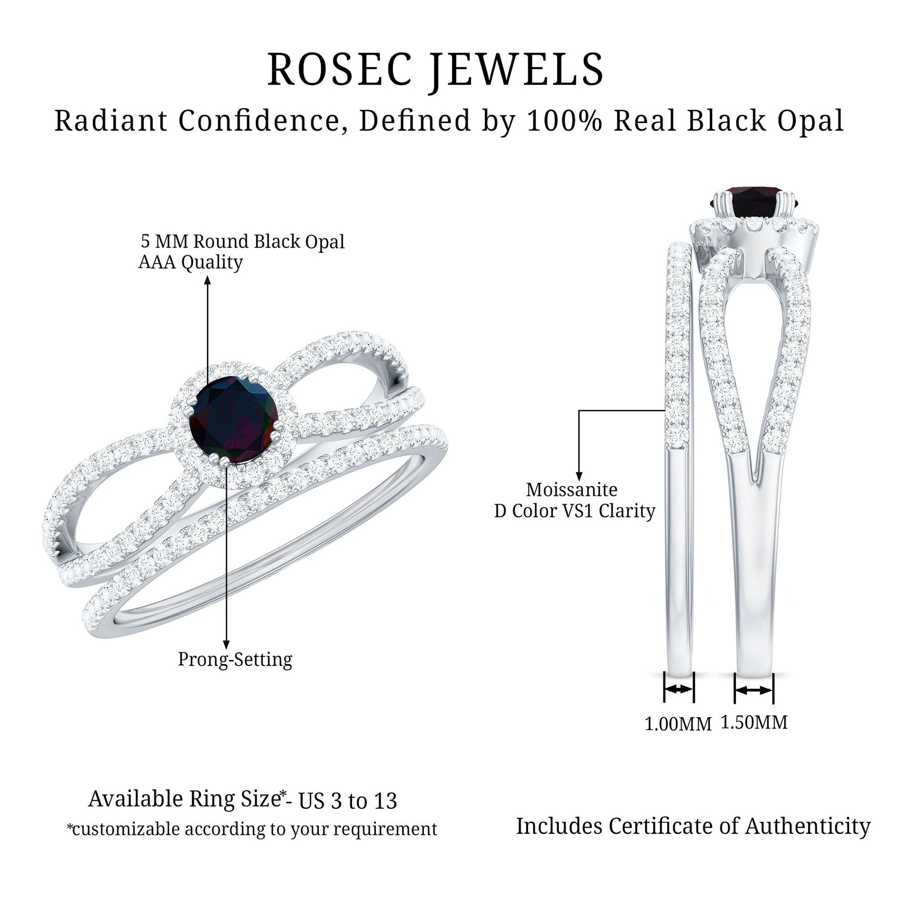 0.75 CT Black Opal Wedding Ring Set with Moissanite in Gold