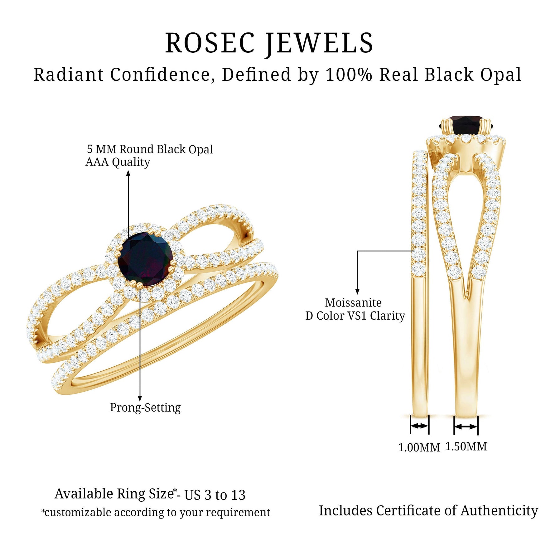 0.75 CT Black Opal Wedding Ring Set with Moissanite in Gold