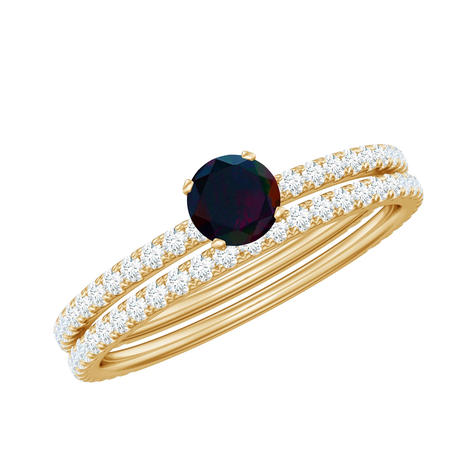 1.25 CT Minimal Wedding Ring Set with Black Opal and Diamond