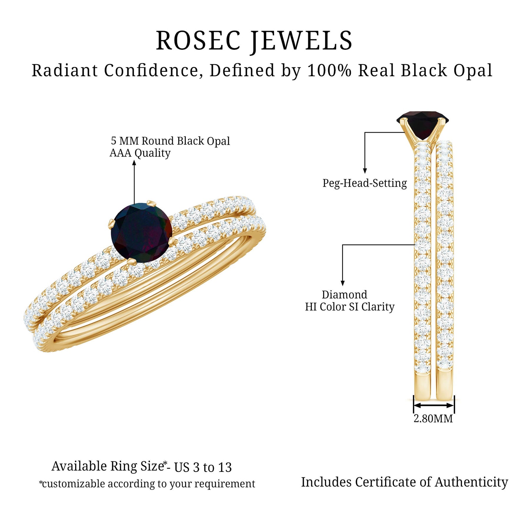 1.25 CT Minimal Wedding Ring Set with Black Opal and Diamond