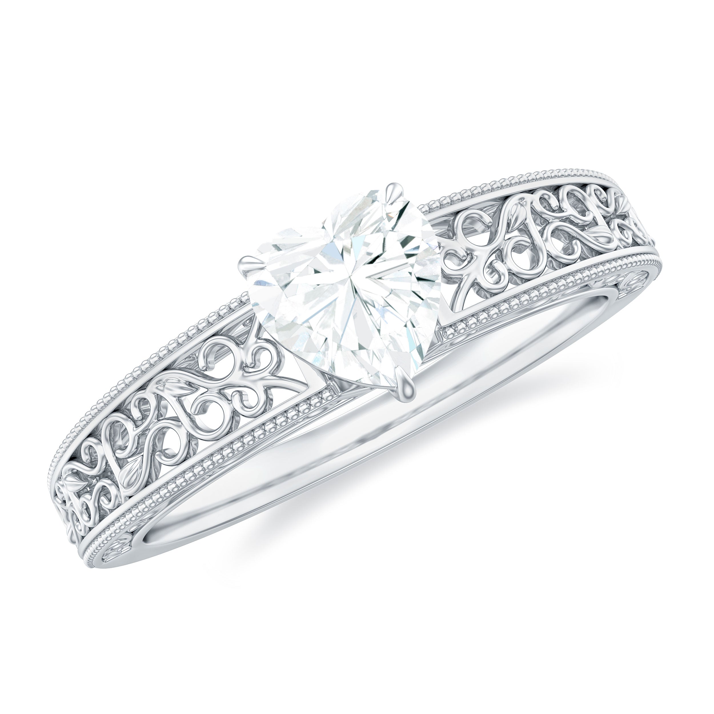 Vintage Inspired Heart Shape Lab Grown Diamond Solitaire Filigree Ring