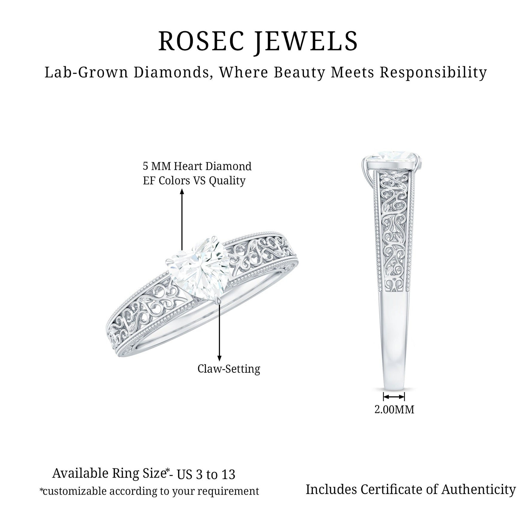 Vintage Inspired Heart Shape Lab Grown Diamond Solitaire Filigree Ring