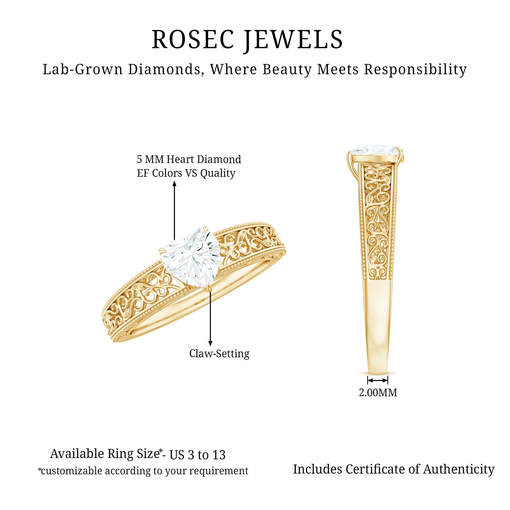 Vintage Inspired Heart Shape Lab Grown Diamond Solitaire Filigree Ring