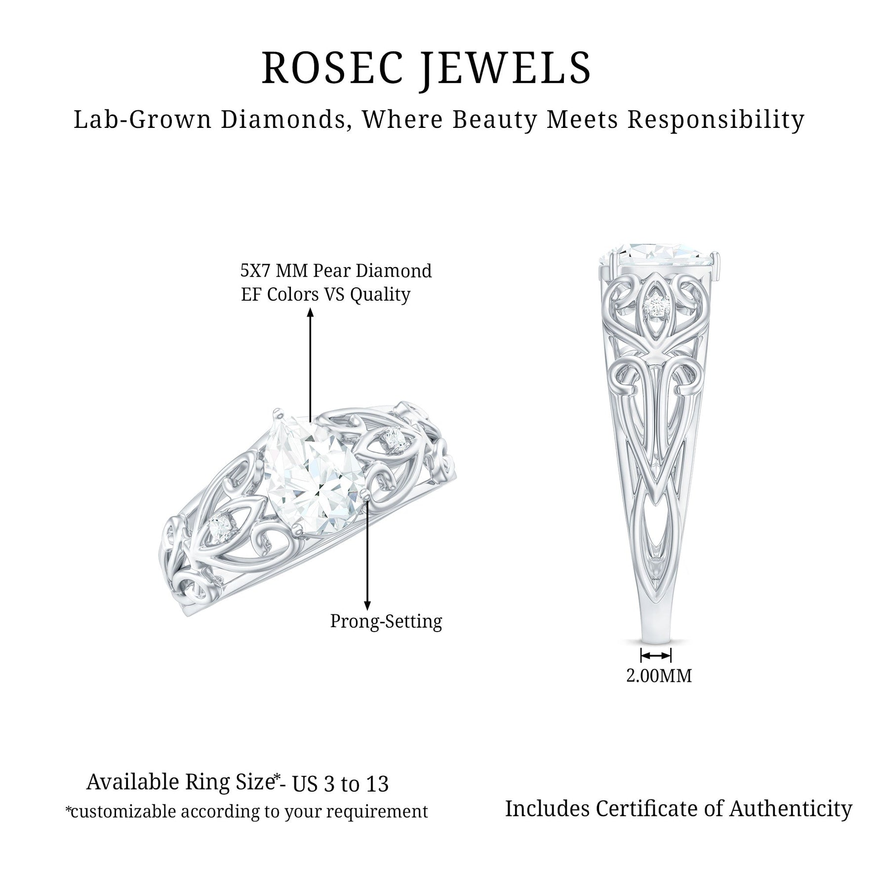 Pear Shaped Lab Created Diamond Solitaire Filigree Ring
