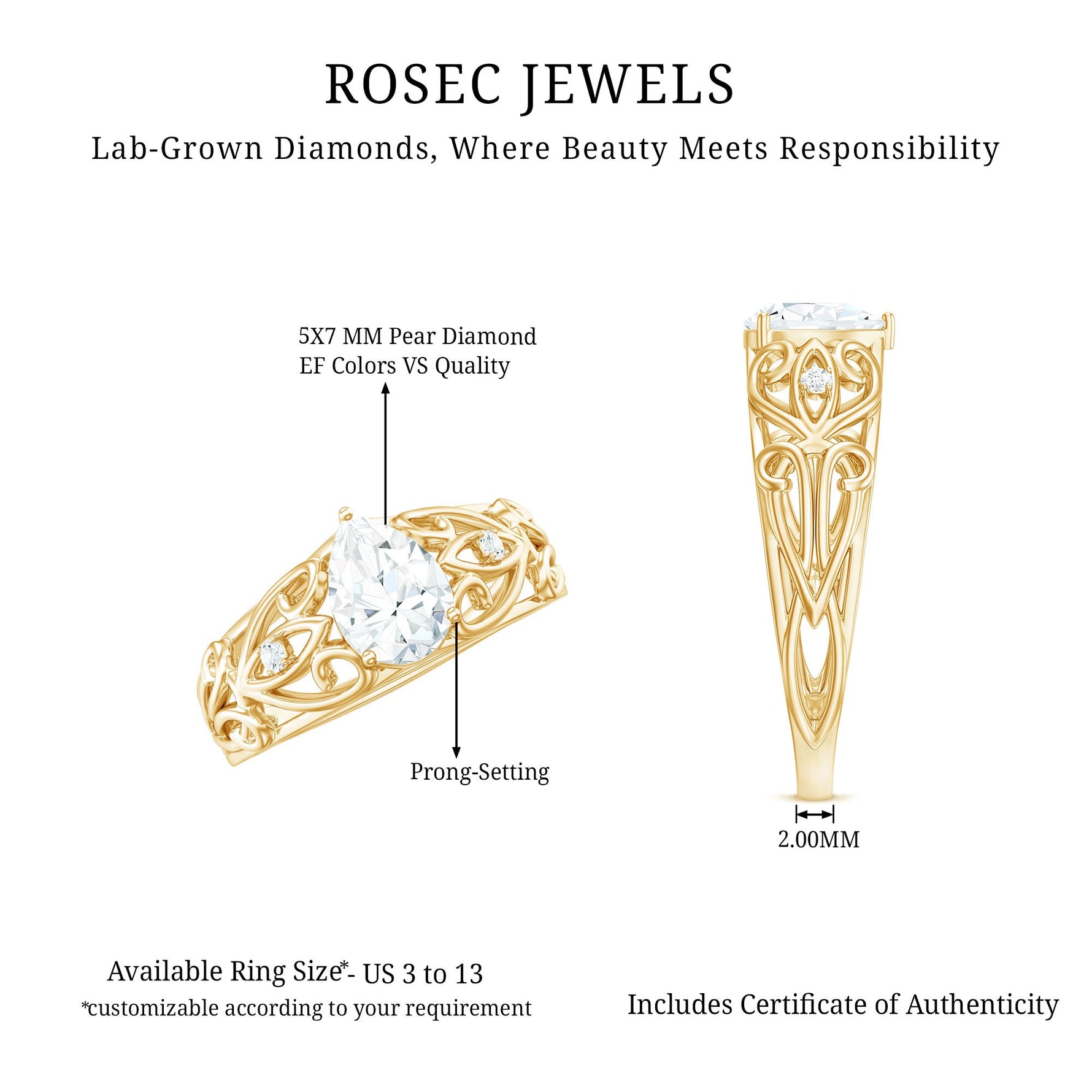 Pear Shaped Lab Created Diamond Solitaire Filigree Ring