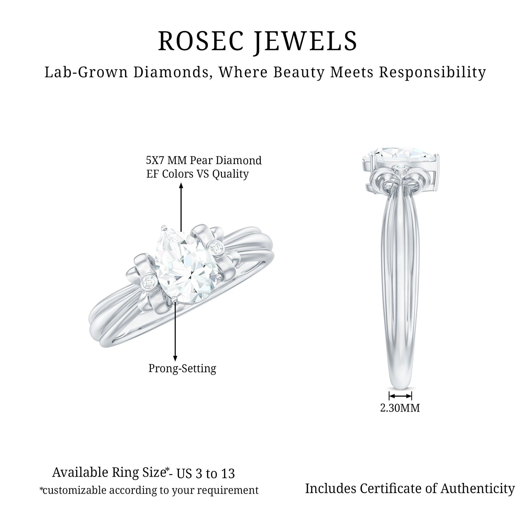 Pear Cut Lab Grown Diamond Solitaire Engagement Ring with Bow