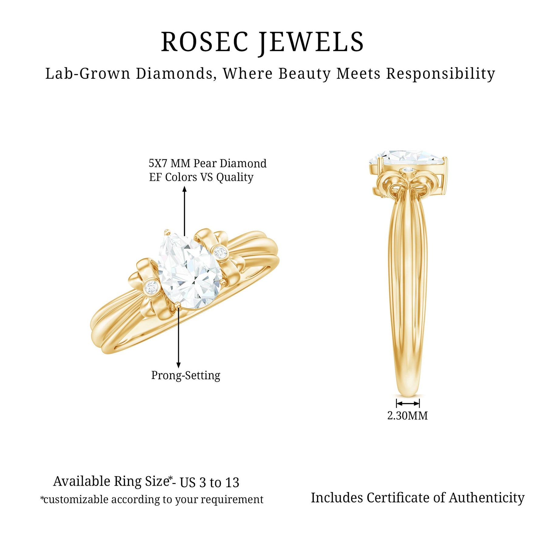 Pear Cut Lab Grown Diamond Solitaire Engagement Ring with Bow