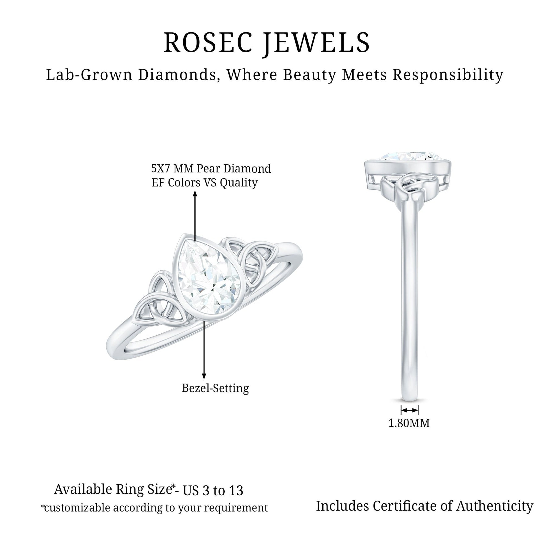 Pear Shape Lab Grown Diamond Solitaire Celtic Ring