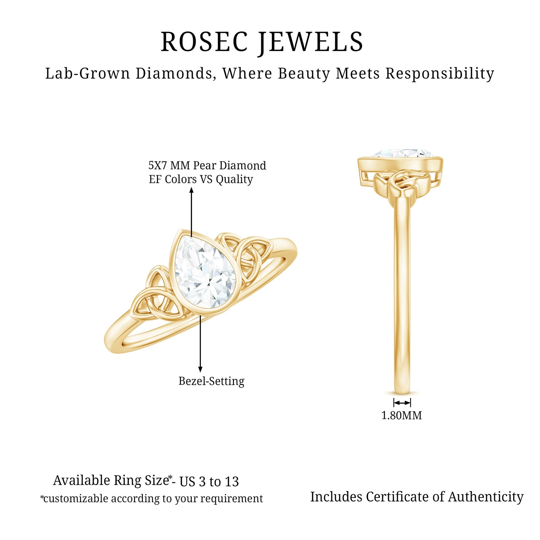 Pear Shape Lab Grown Diamond Solitaire Celtic Ring