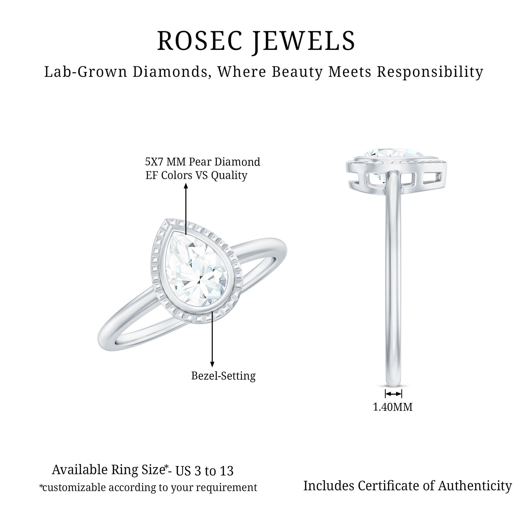 Pear Cut Lab Grown Diamond Solitaire Ring with Engraved Details