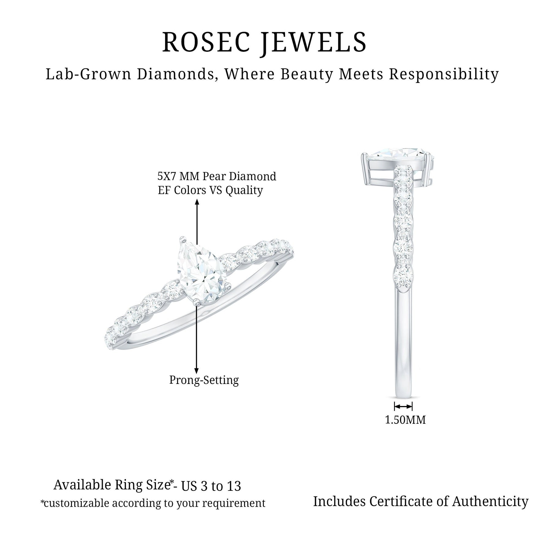 Pear Shape Lab Grown Diamond Solitaire Promise Ring with Side Stones