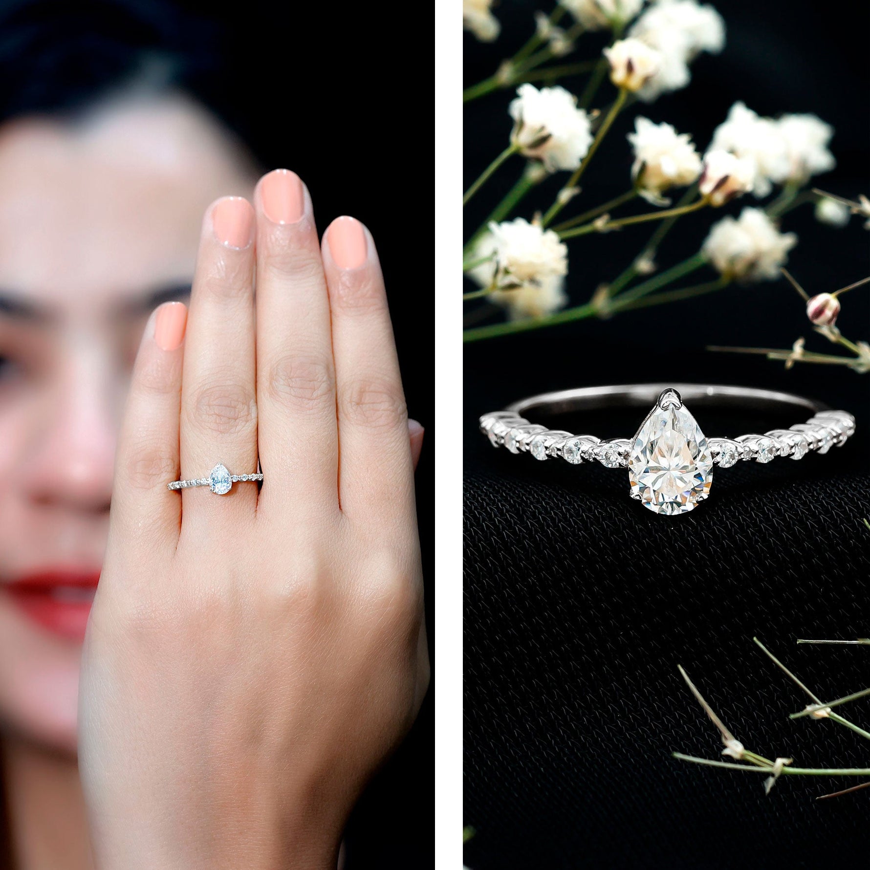 Pear Shape Lab Grown Diamond Solitaire Promise Ring with Side Stones