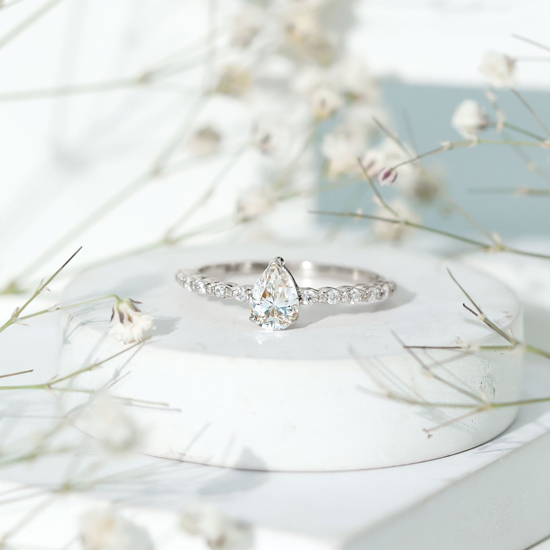 Pear Shape Lab Grown Diamond Solitaire Promise Ring with Side Stones