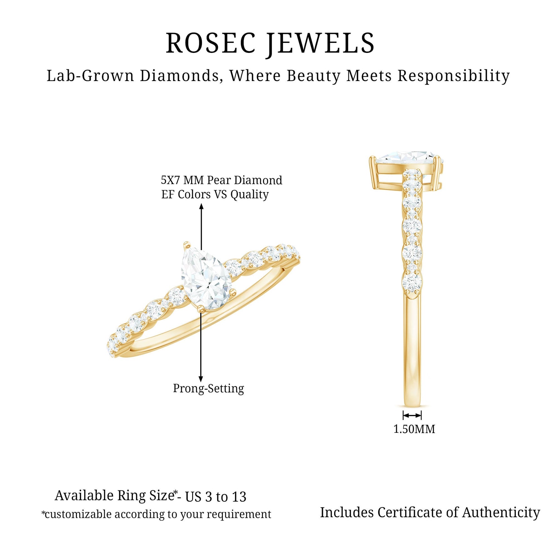 Pear Shape Lab Grown Diamond Solitaire Promise Ring with Side Stones