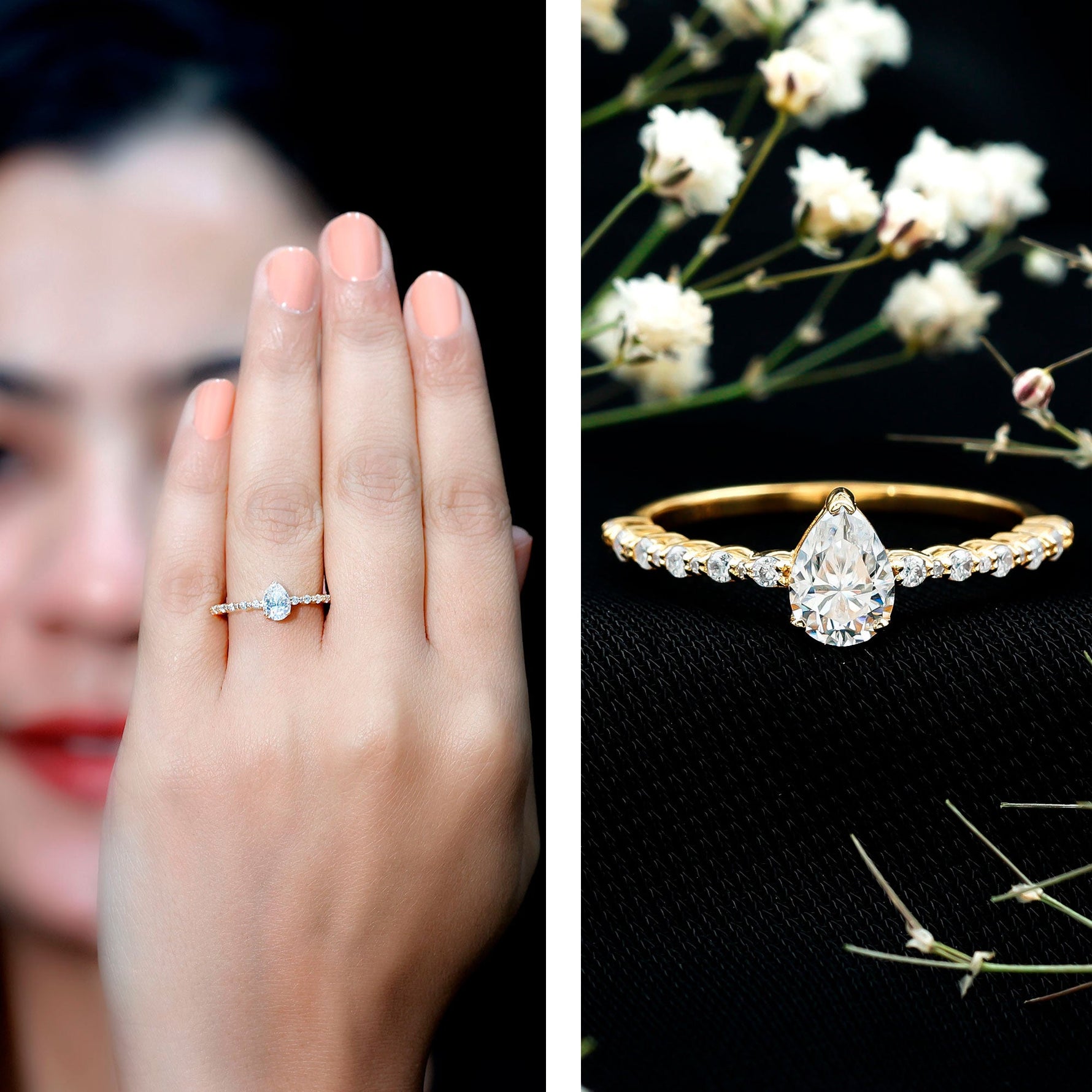 Pear Shape Lab Grown Diamond Solitaire Promise Ring with Side Stones