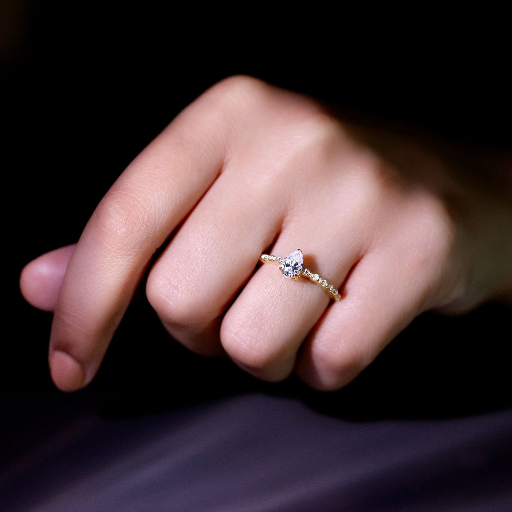 Pear Shape Lab Grown Diamond Solitaire Promise Ring with Side Stones