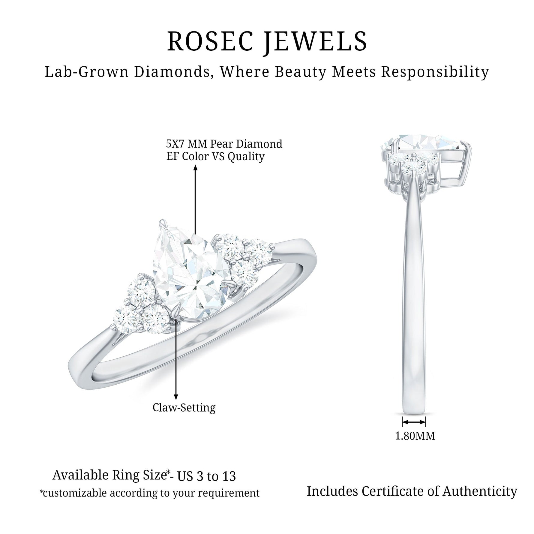 Pear Cut Lab Grown Diamond Trio Engagement Ring