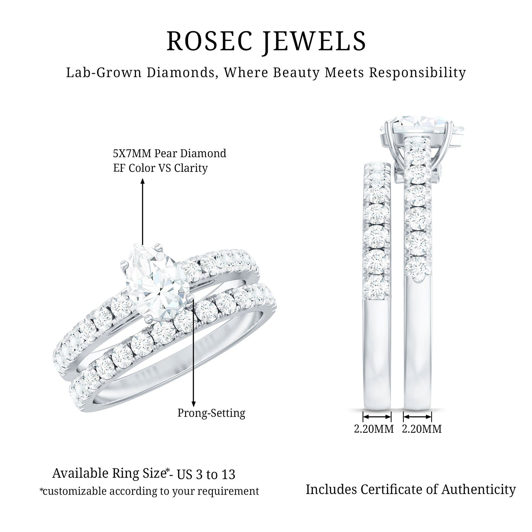 Minimal Pear Shape Lab Grown Diamond Wedding Ring Set