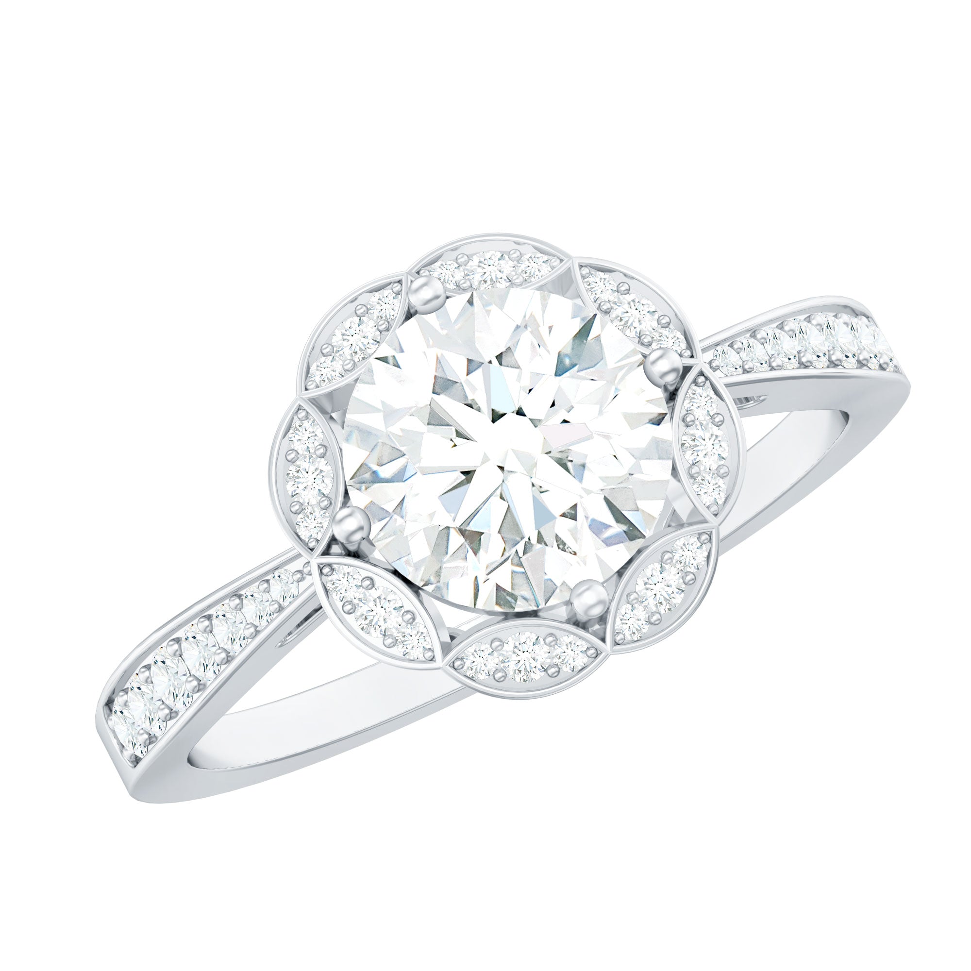 Certified Moissanite Designer Engagement Ring with Scalloped Halo