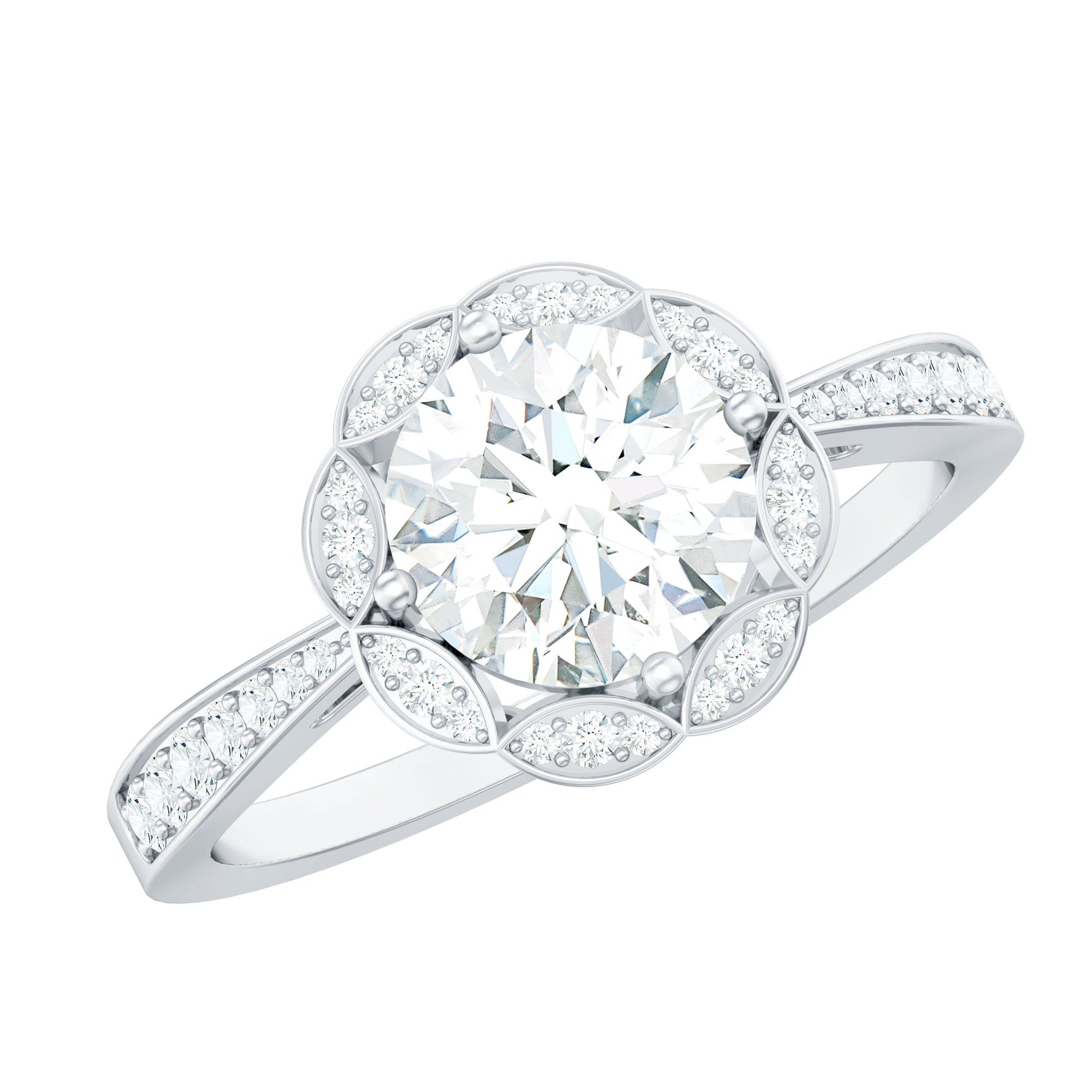 Certified Moissanite Designer Engagement Ring with Scalloped Halo