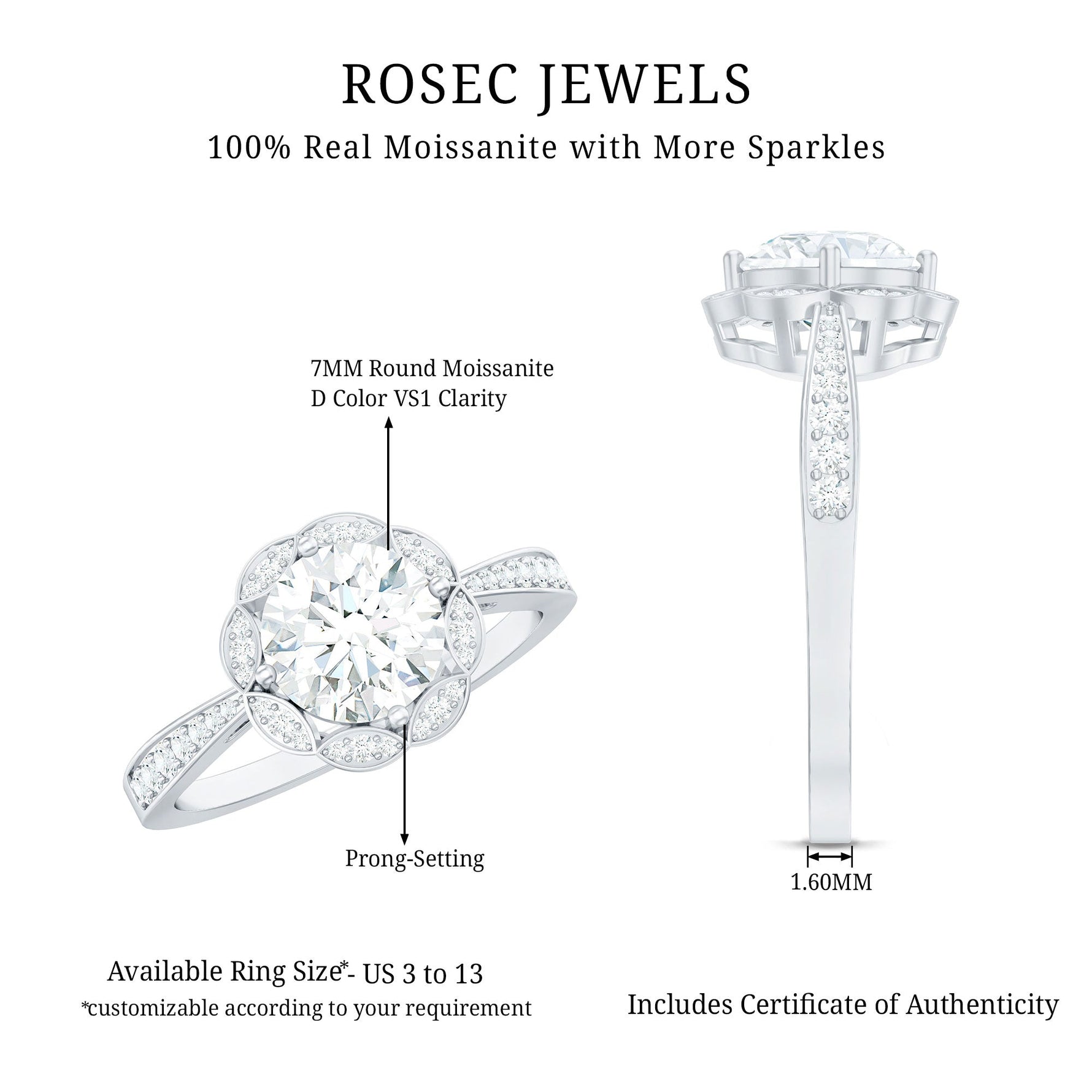 Certified Moissanite Designer Engagement Ring with Scalloped Halo