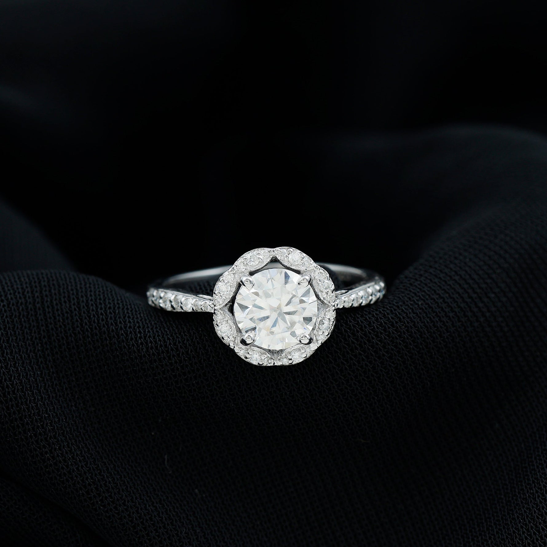 Certified Moissanite Designer Engagement Ring with Scalloped Halo