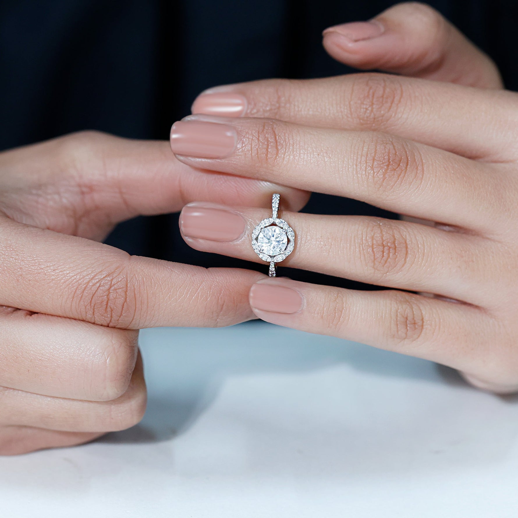 Certified Moissanite Designer Engagement Ring with Scalloped Halo