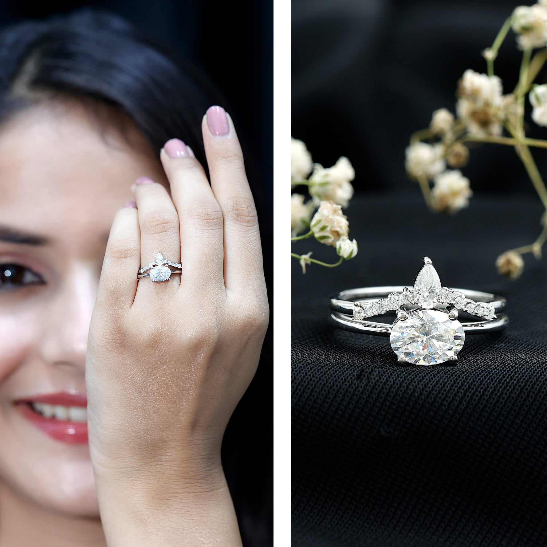 Oval Shaped Moissanite East West Engagement Ring with Band