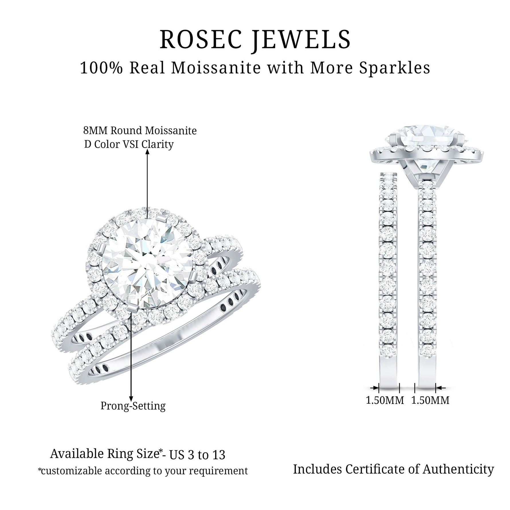 8 MM Round Shape Moissanite Halo Wedding Ring Set