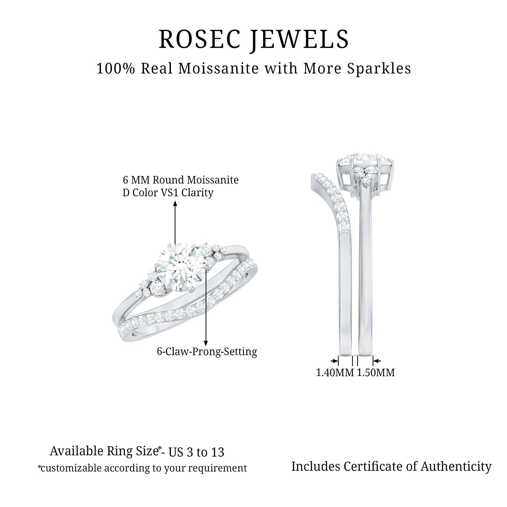 6 MM Round Cut Moissanite Wedding Ring Set For Bride