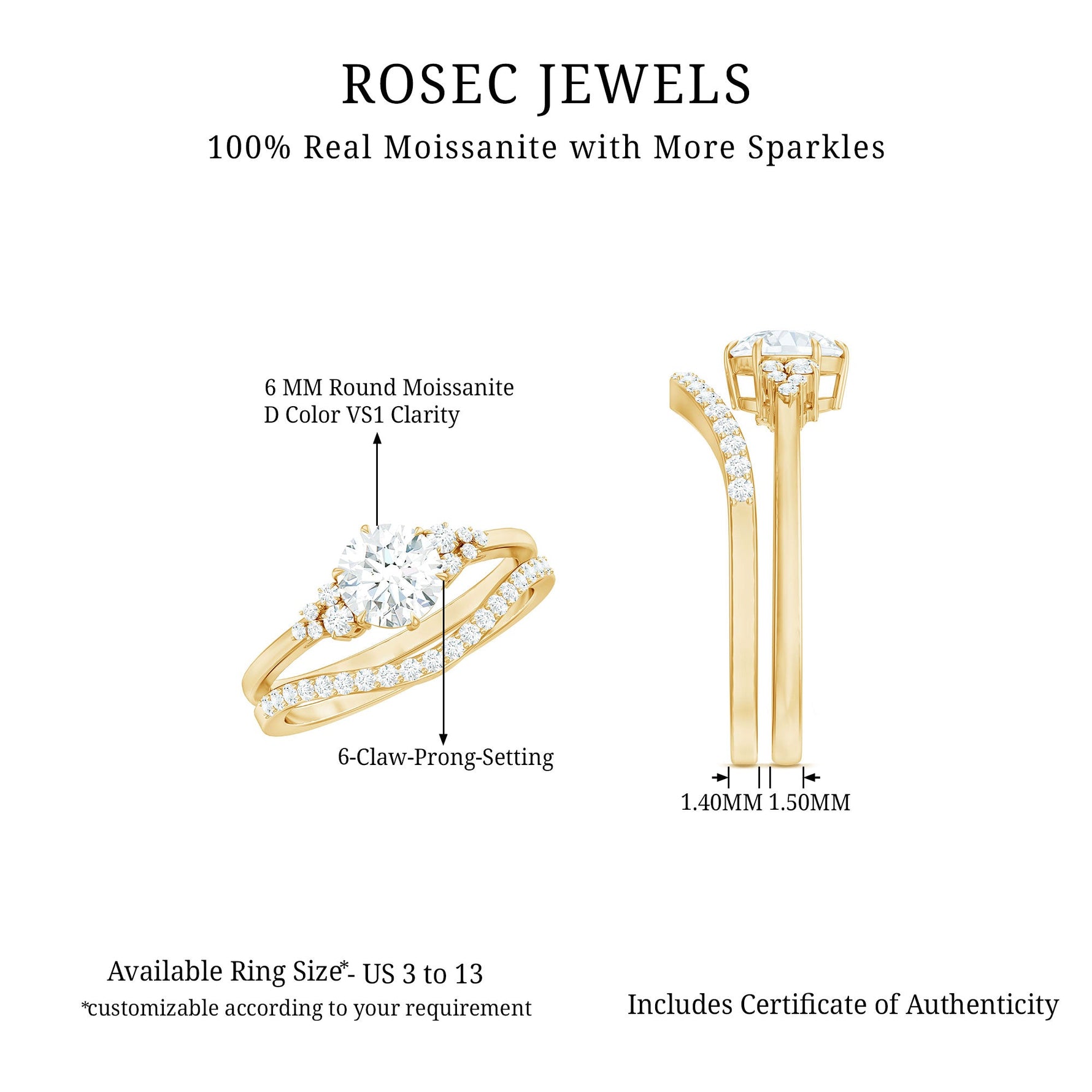 6 MM Round Cut Moissanite Wedding Ring Set For Bride