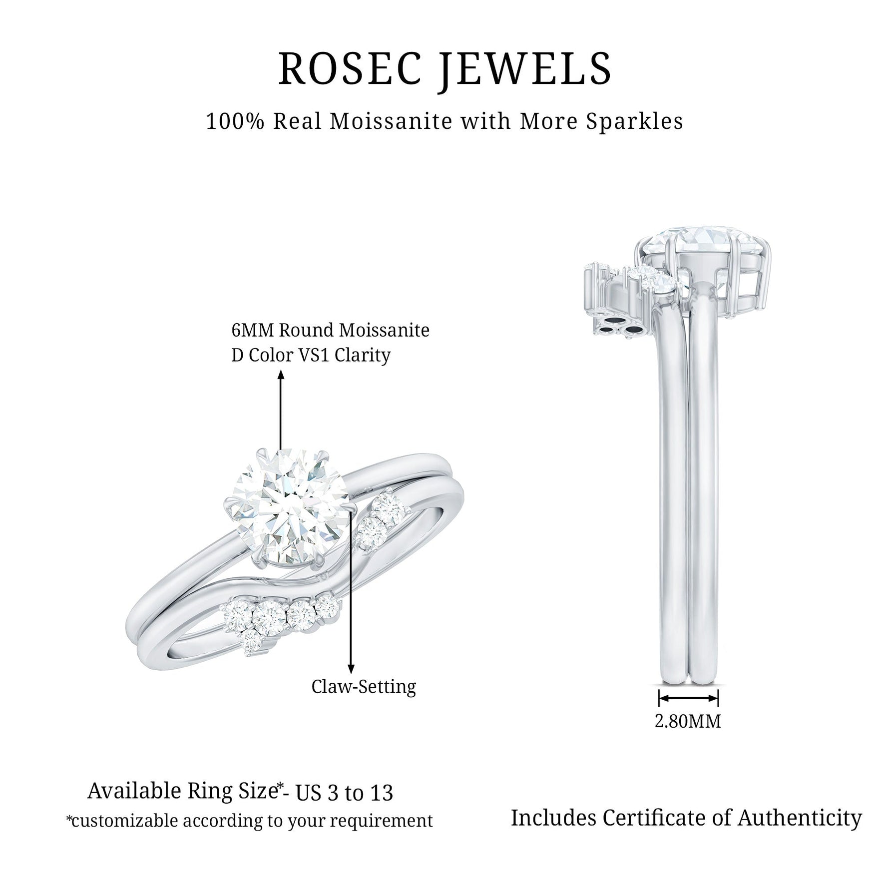 Solitaire Moissanite Wedding Ring Set for Her