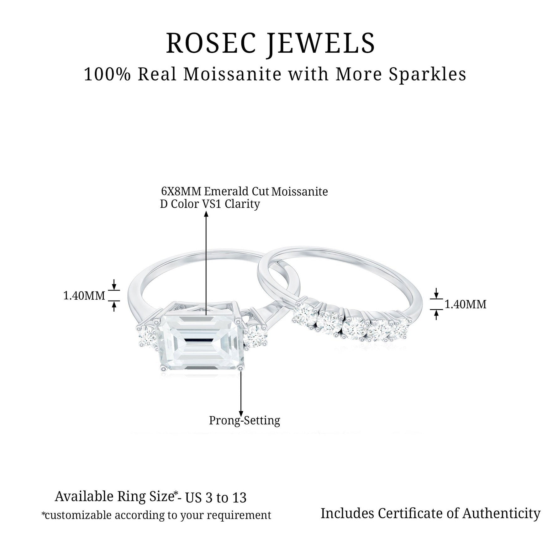 Emerald Cut Moissanite East West Wedding Ring Set