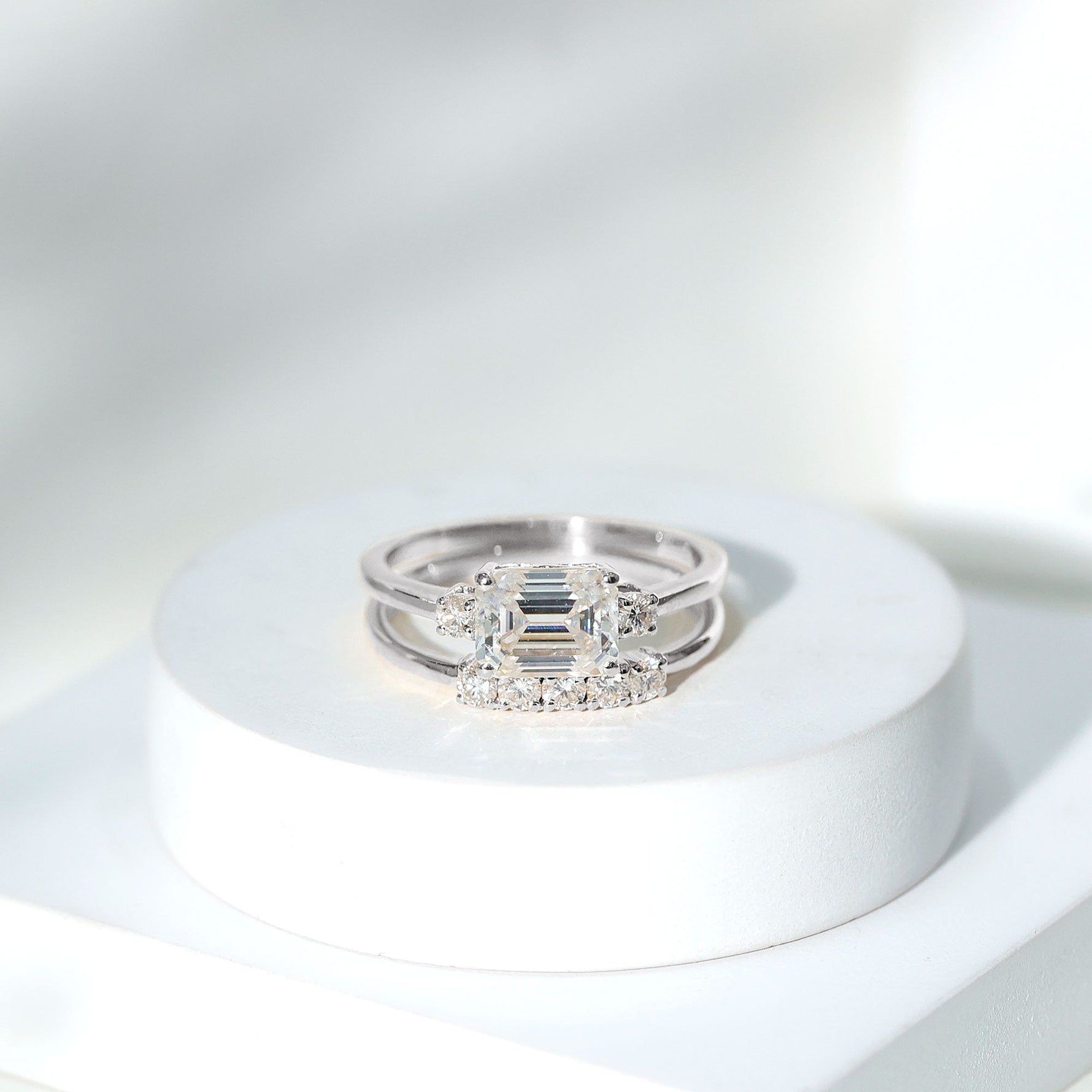 Emerald Cut Moissanite East West Wedding Ring Set