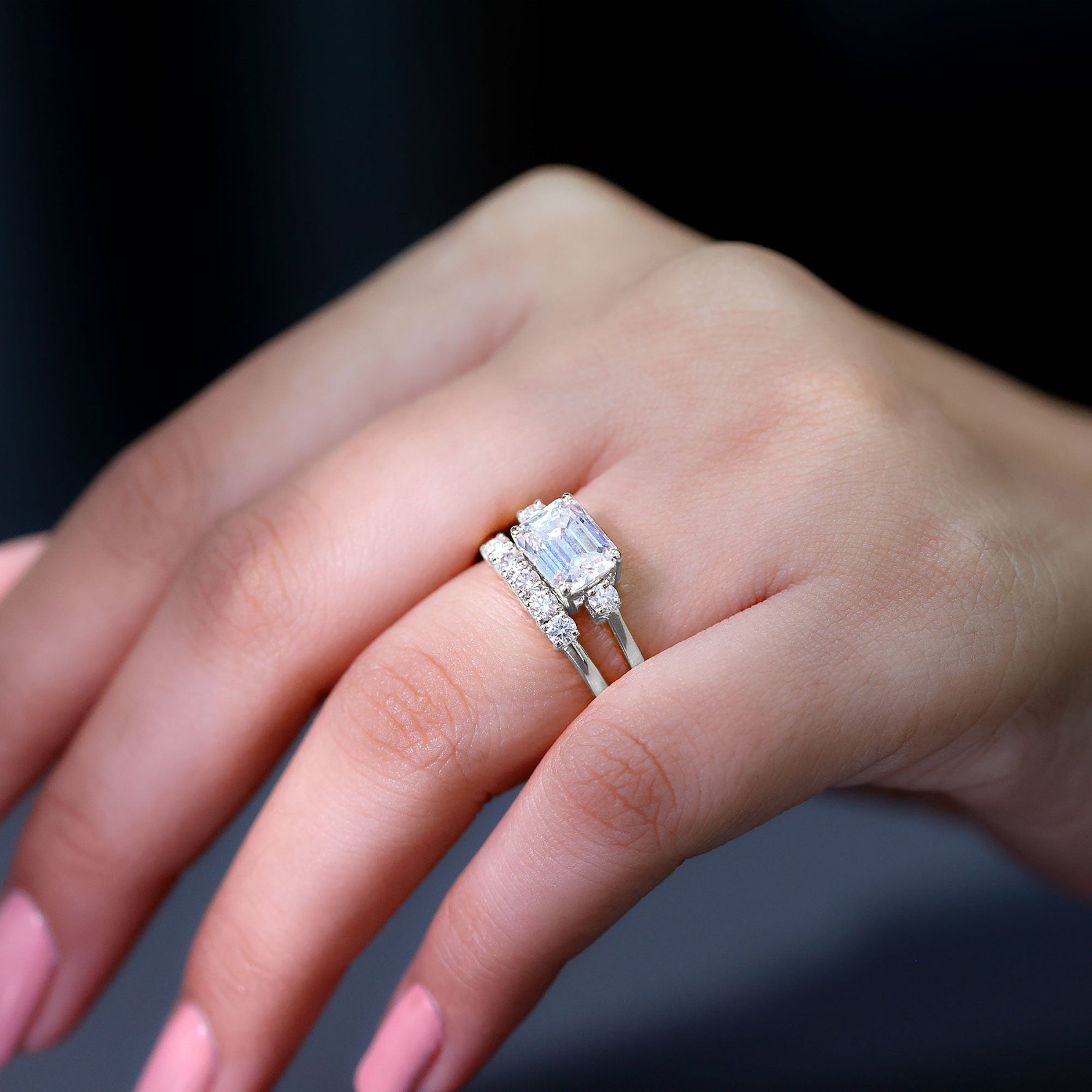 Emerald Cut Moissanite East West Wedding Ring Set