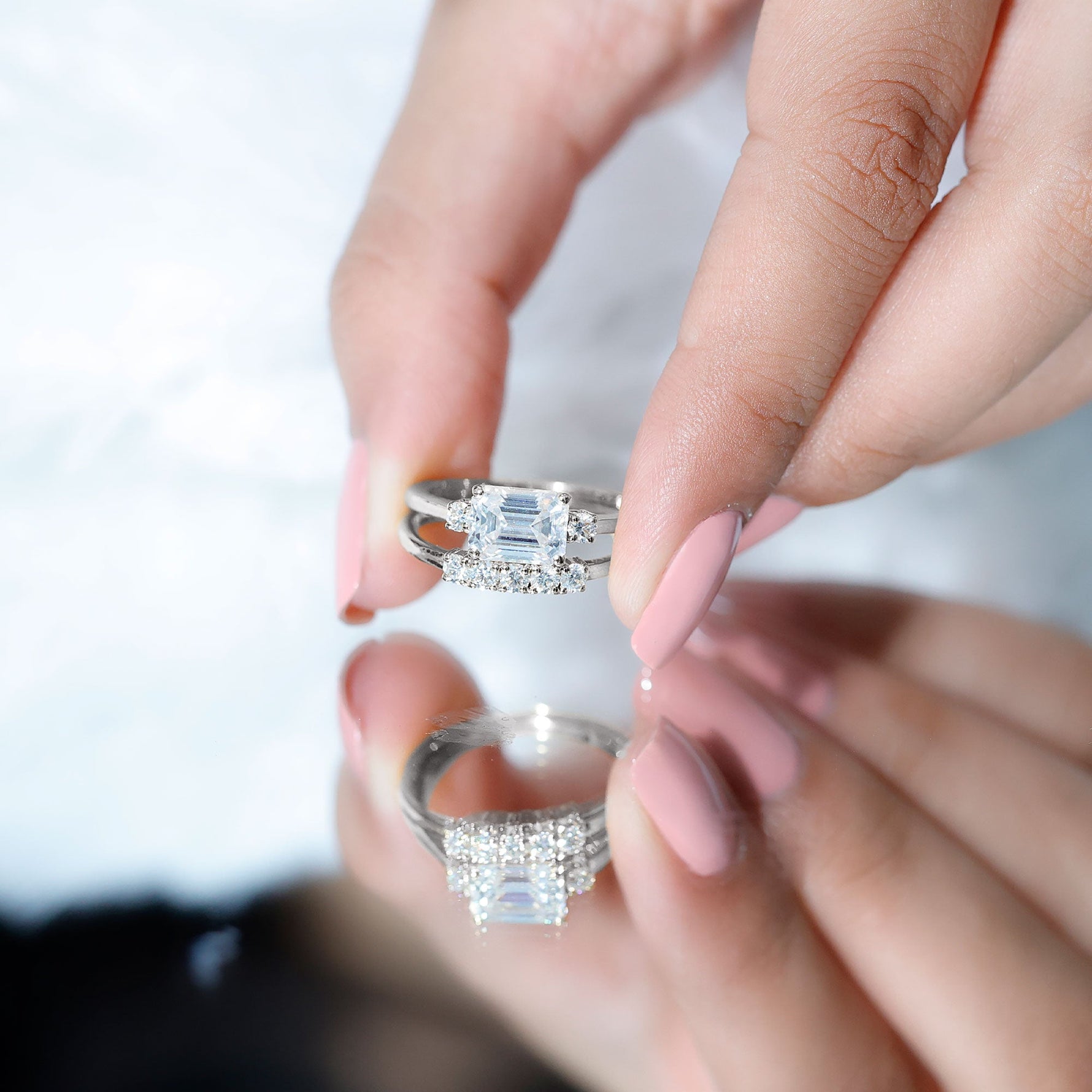 Emerald Cut Moissanite East West Wedding Ring Set