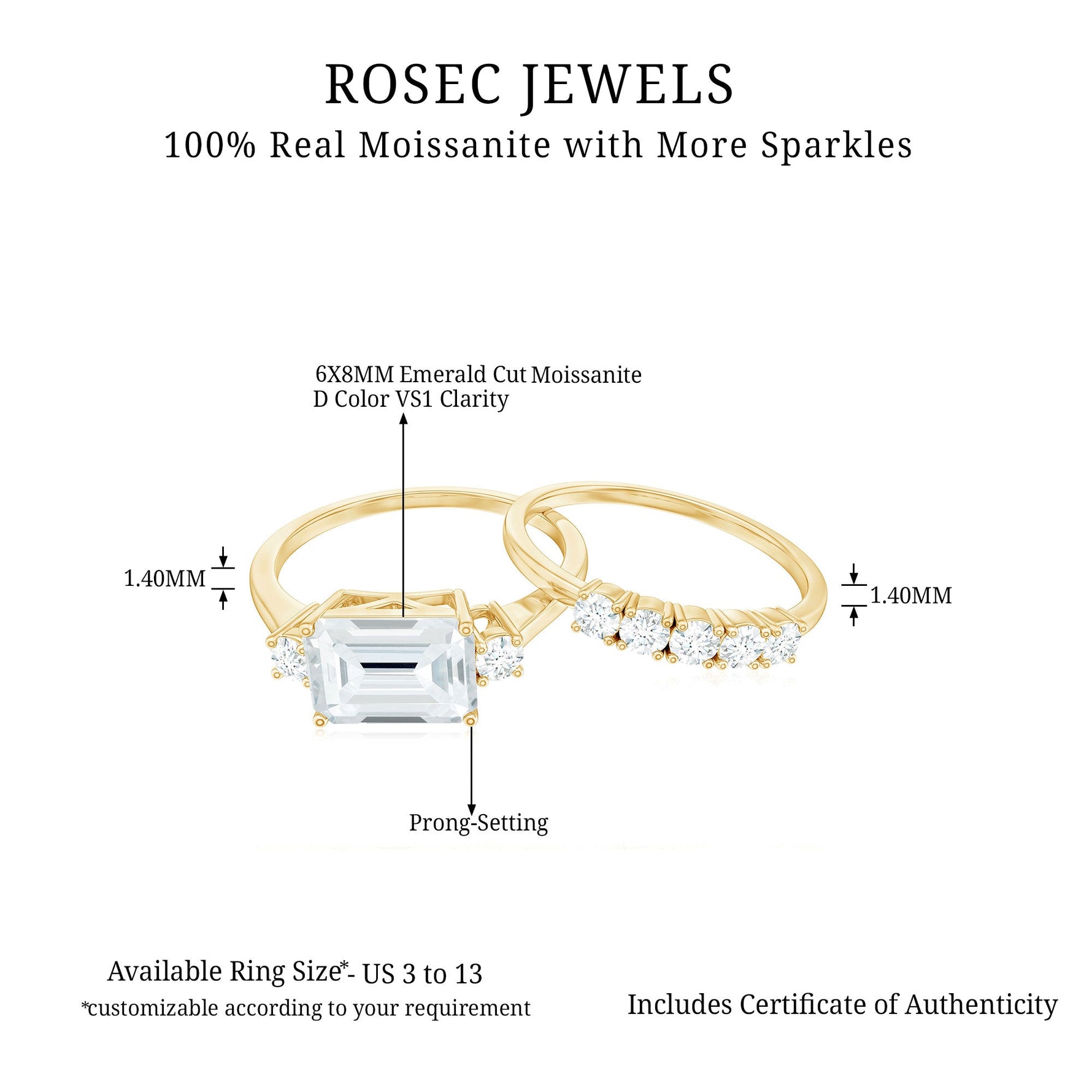 Emerald Cut Moissanite East West Wedding Ring Set